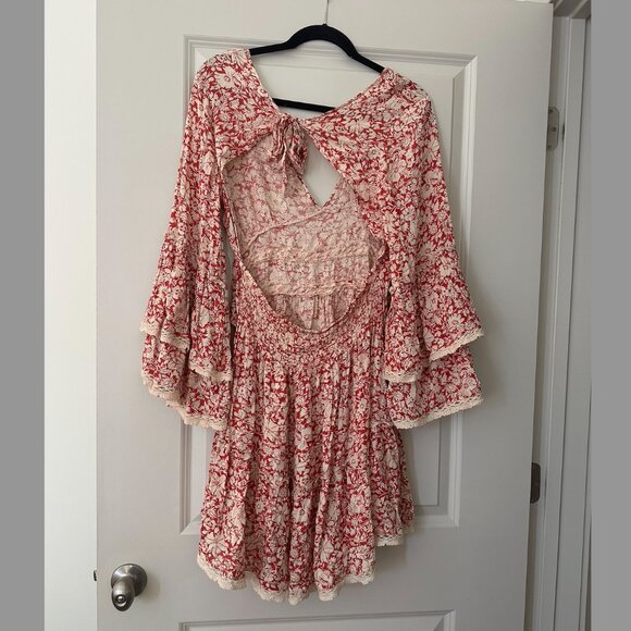 Free People Kristall Berry Red Floral Print Bell Sleeve Mini Dress - Picture 2 of 4